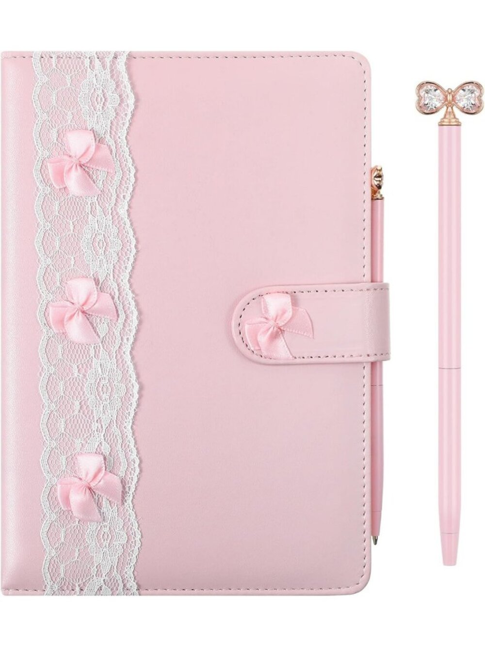 Chic Pink Bow A5 Journal & Pen Set, Lined Leather Notebook for Women, Gift Ready